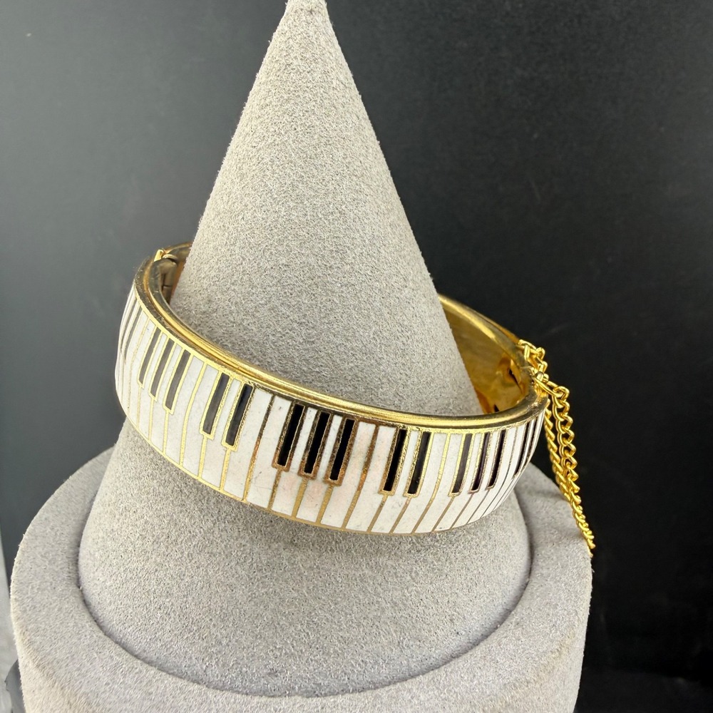 Vintage Albert Elovitz Bangle Piano Bracelet Gold Enamel Music Hinged 7in